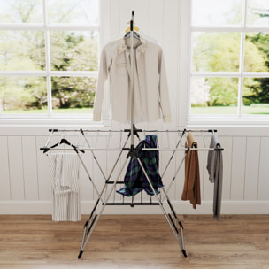 Tendedero Vertical Plegable, Tendedero de Ropa con Alas Ajustables en 5 Niveles, 4 Soportes para Calzado, Barra y Estante, Marco de Acero Inoxidable, para Interior y Exterior, Plata