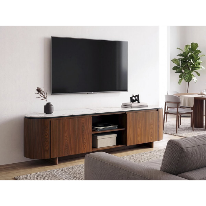 Meuble TV en bois avec plateau en céramique "Stonea" - 200 x 40 x 55 cm - Marron