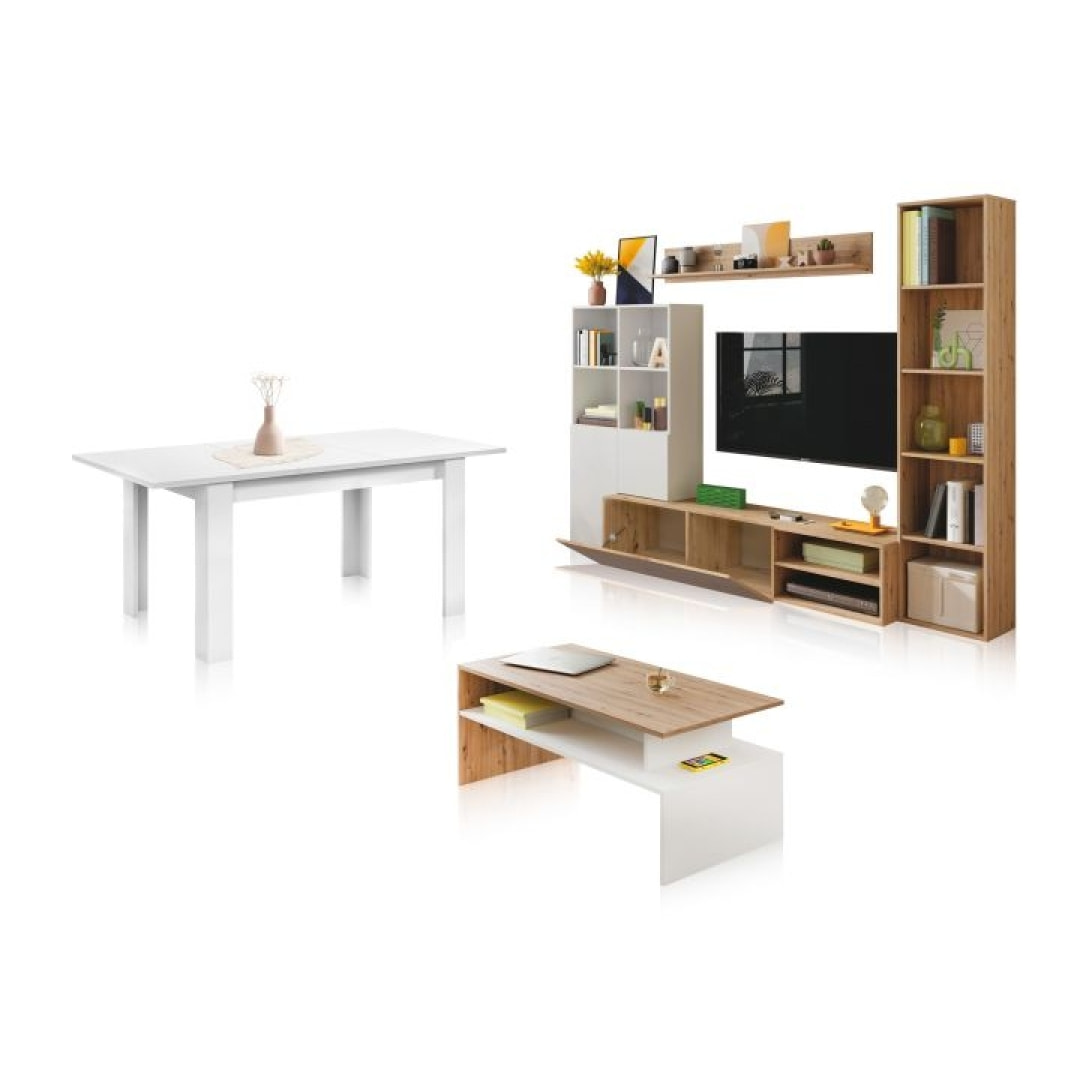 Pack salón con mesa de centro y mesa de comedor Iris Max Blanco Artik (Blanco Mate) - Roble Nodi