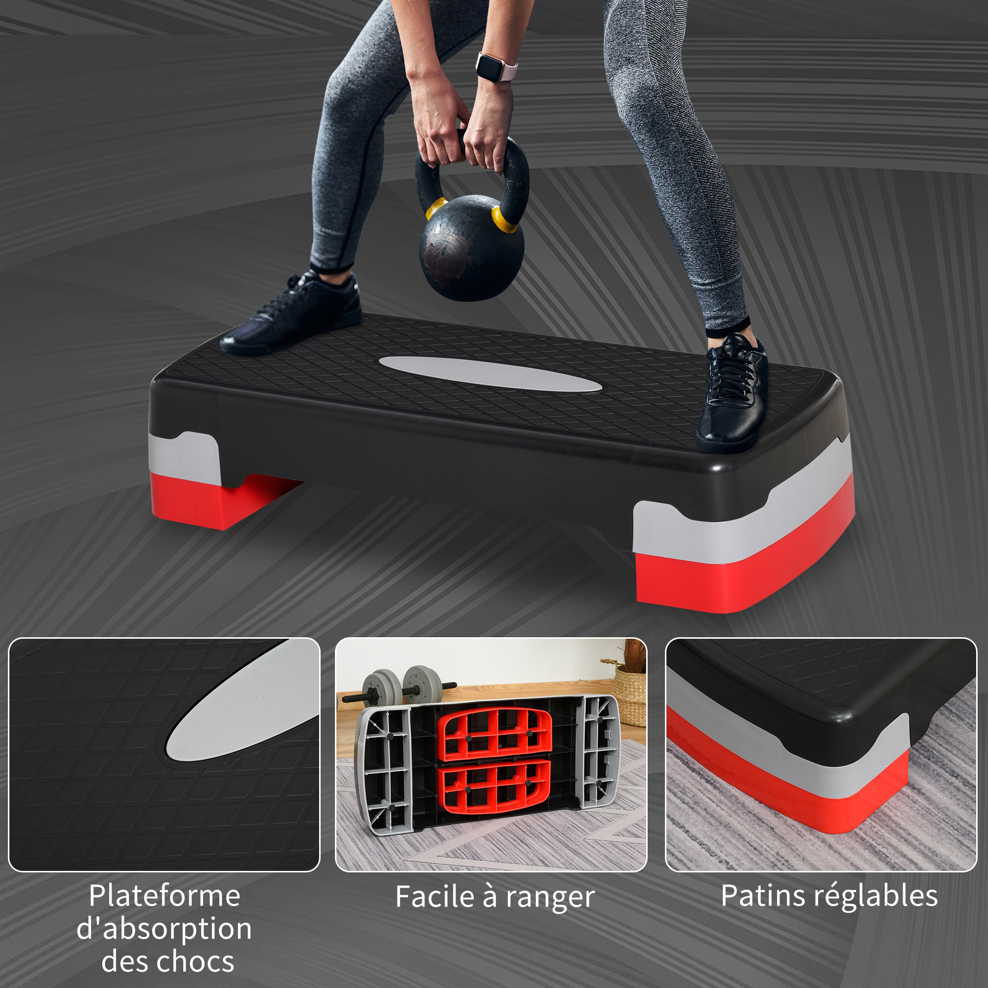 Stepper Fitness Aerobic hauteur reglable surface antiderapante dim. 68L x 29l x 10-15H cm plastique noir gris rouge