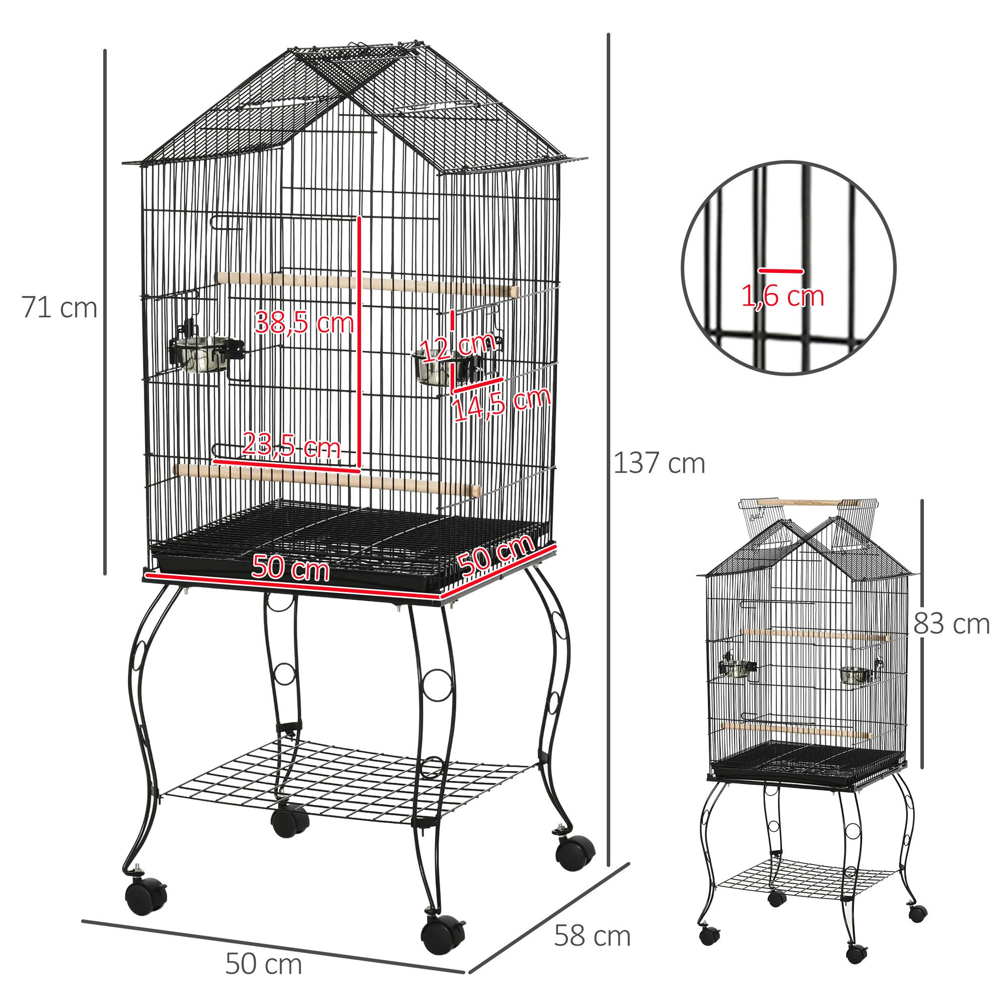 Jaula para Pájaros 50x58x145 cm Pajarera Metálica con 3 Puertas 2 Comederos 3 Perchas Bandeja Extraíble Estante Abierto y 4 Ruedas para Canarios Periquitos Negro