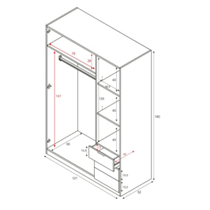 Guardaroba Allentown, Armadio per camera da letto a 3 ante e 3 cassetti, Mobile con barra appendiabiti e 3 ripiani, cm 121x52h180, Rovere e Ossido