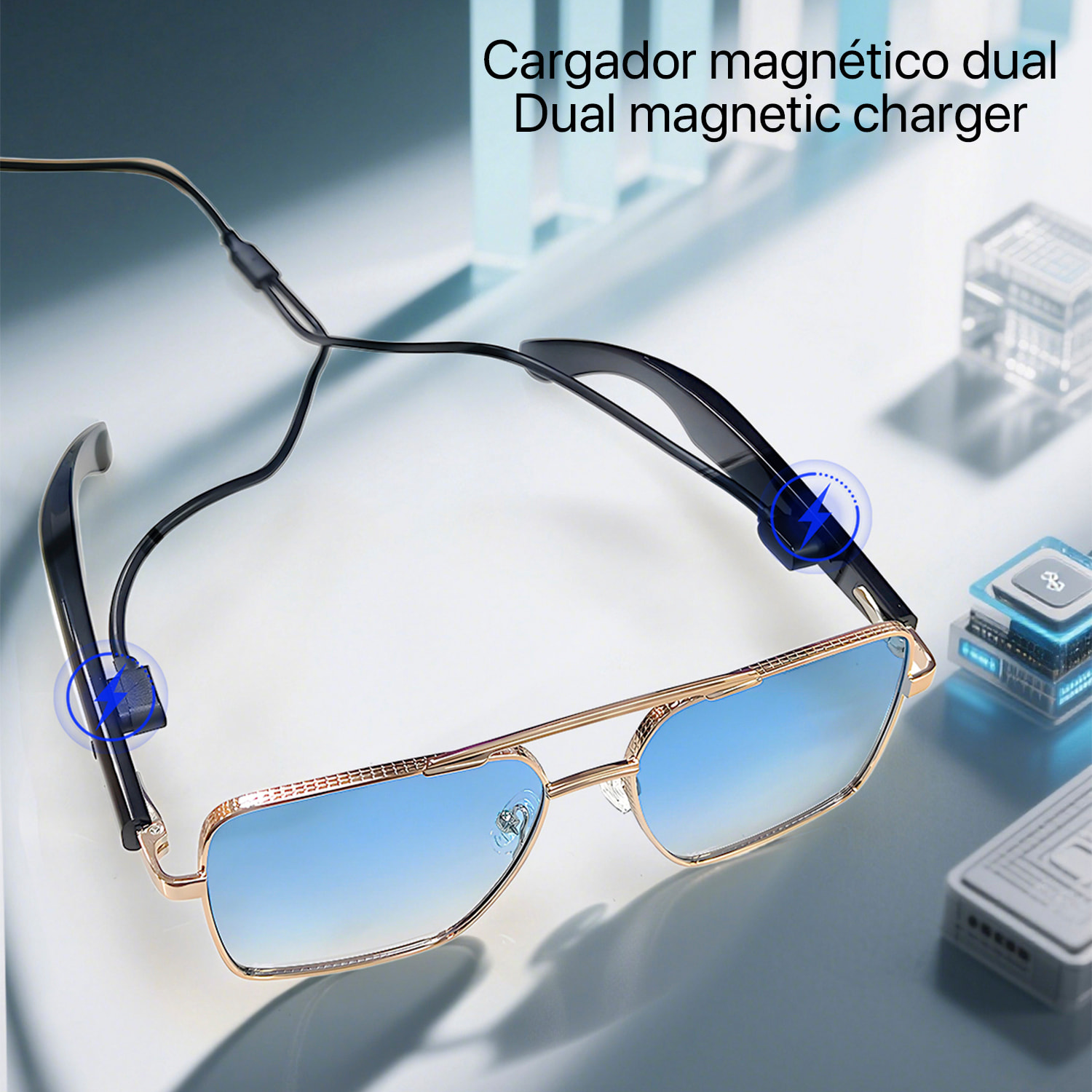 Occhiali AI GT-30 con chiamate bluetooth, controllo remoto della fotocamera, riproduzione musicale e assistente vocale.