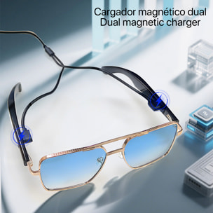 Occhiali AI GT-30 con chiamate bluetooth, controllo remoto della fotocamera, riproduzione musicale e assistente vocale.