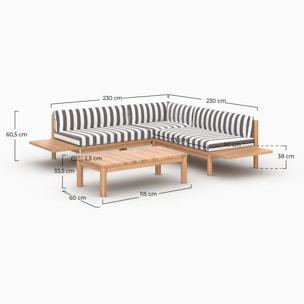 Salon de jardin 4 personnes en teck massif et tissu rayé gris - Nadila