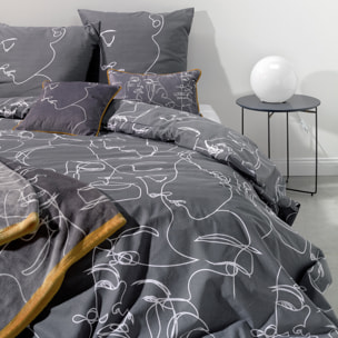 Parure de couette + taies oreiller 100% coton - motif visage abstrait gris