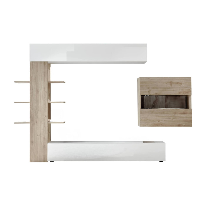 Parete attrezzata Aragosta, Composizione soggiorno, Mobile salotto multiuso, Armadio porta TV, Made in Italy, 295x30 h187 cm, Bianco lucido e Rovere