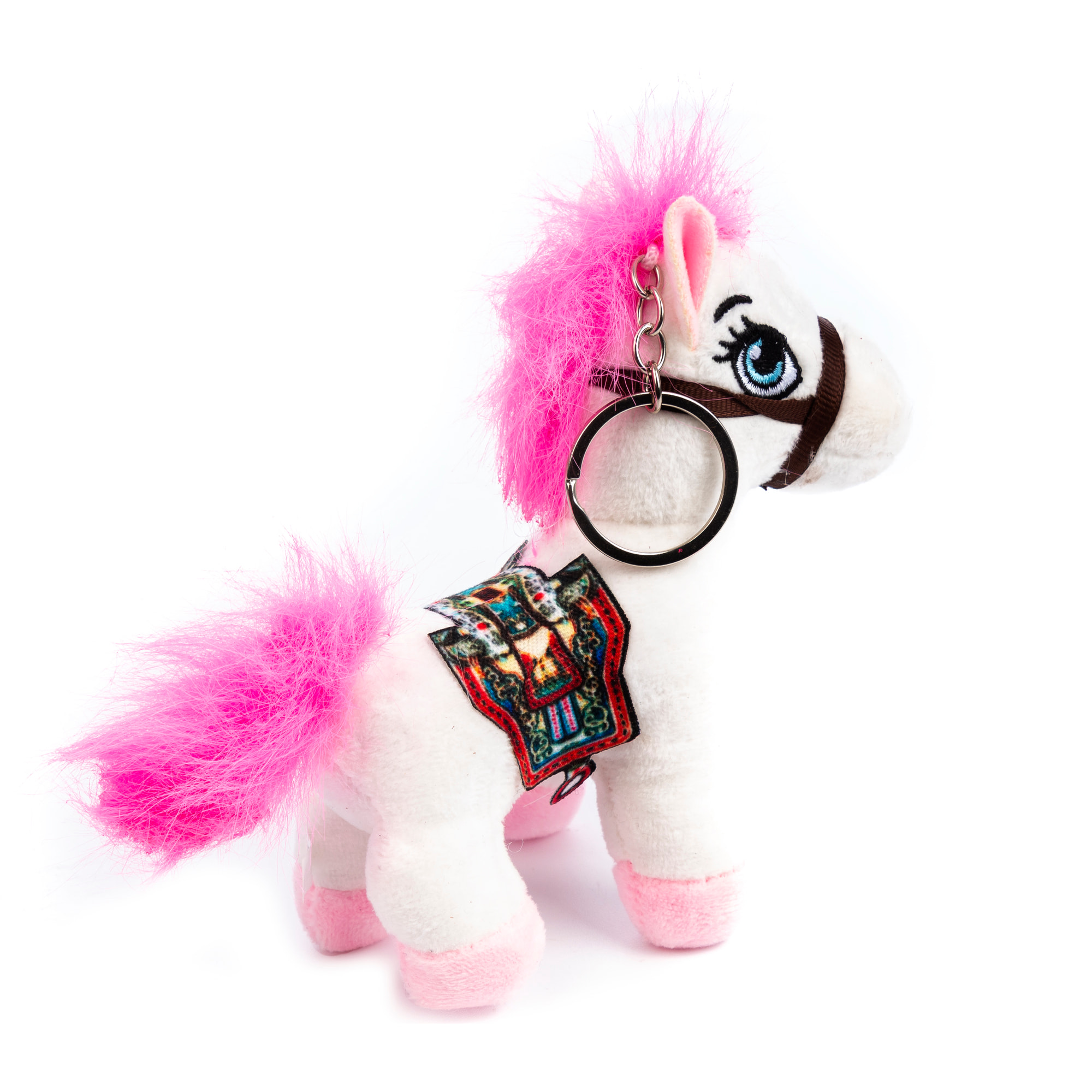 Peluche extrasuave y mullido con colgante. Diseño pony con silla de montar. 12 cm.