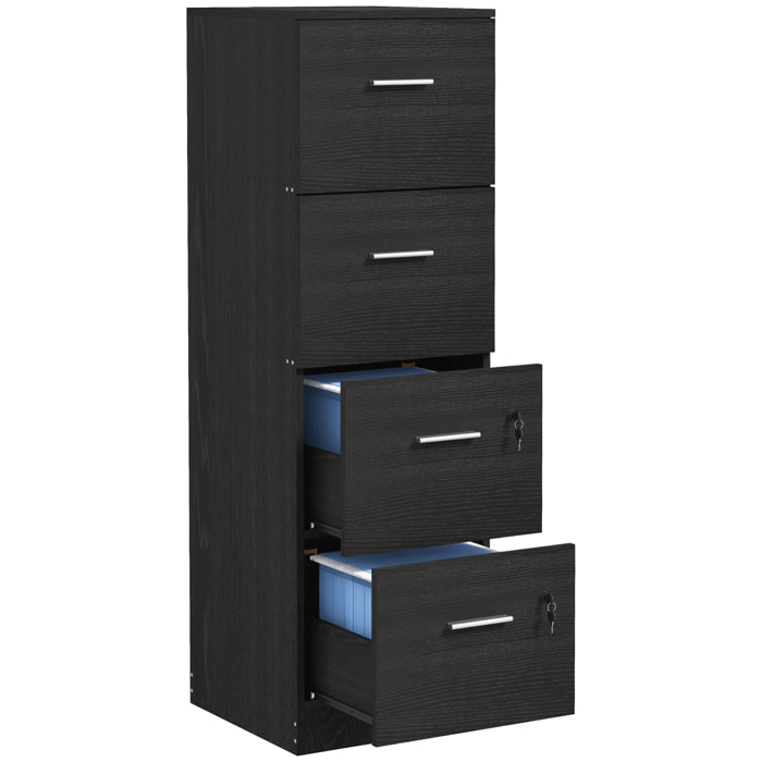 Cajonera Escritorio con 4 Cajones, Cajonera de Oficina con Cerraduras, Barras Ajustables para Archivos Tamaño A4 y Carta, Archivador para Estudio, Salón, 40x42x130,8 cm, Negro