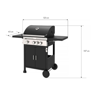Barbecue a gas da esterno con potenza di 11,5 kW, compatibile con butano e propano, 3 bruciatori principali più 1 laterale.