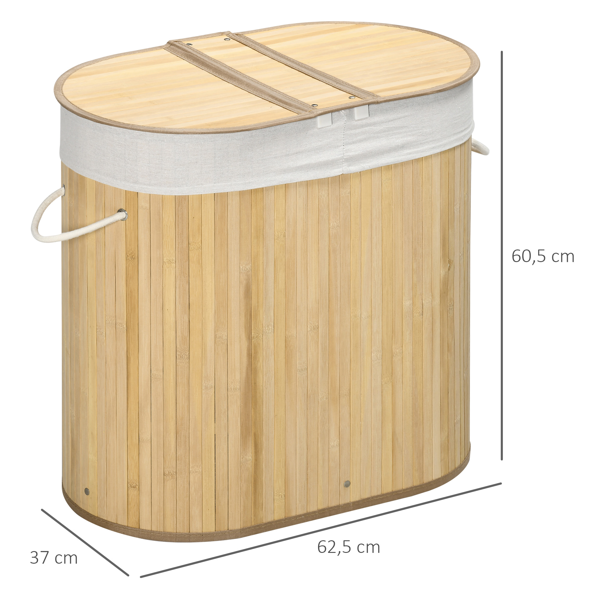 Cesto de Ropa Sucia con Tapa, 100L, Cesta Ropa Sucia de Bambú con 2 Compartimentos, Bolsa Interior Extraíble y Lavable, Asas, para Lavandería, Dormitorio, 62,5x37x60,5 cm, Natural