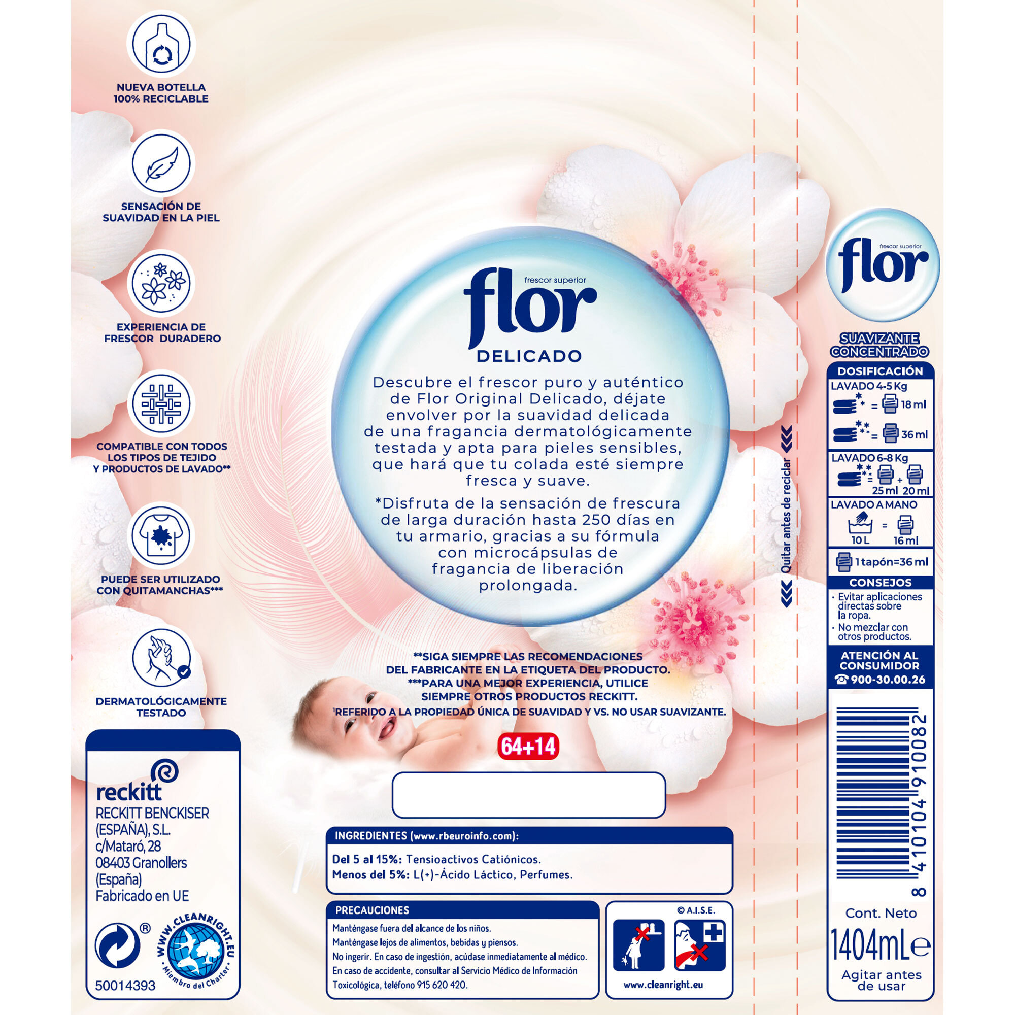 Flor Original Delicado, Suavizante para La Ropa Concentrado, Apto para Pieles Sensibles, 156 lavados (2 botellas x 78 dosis)