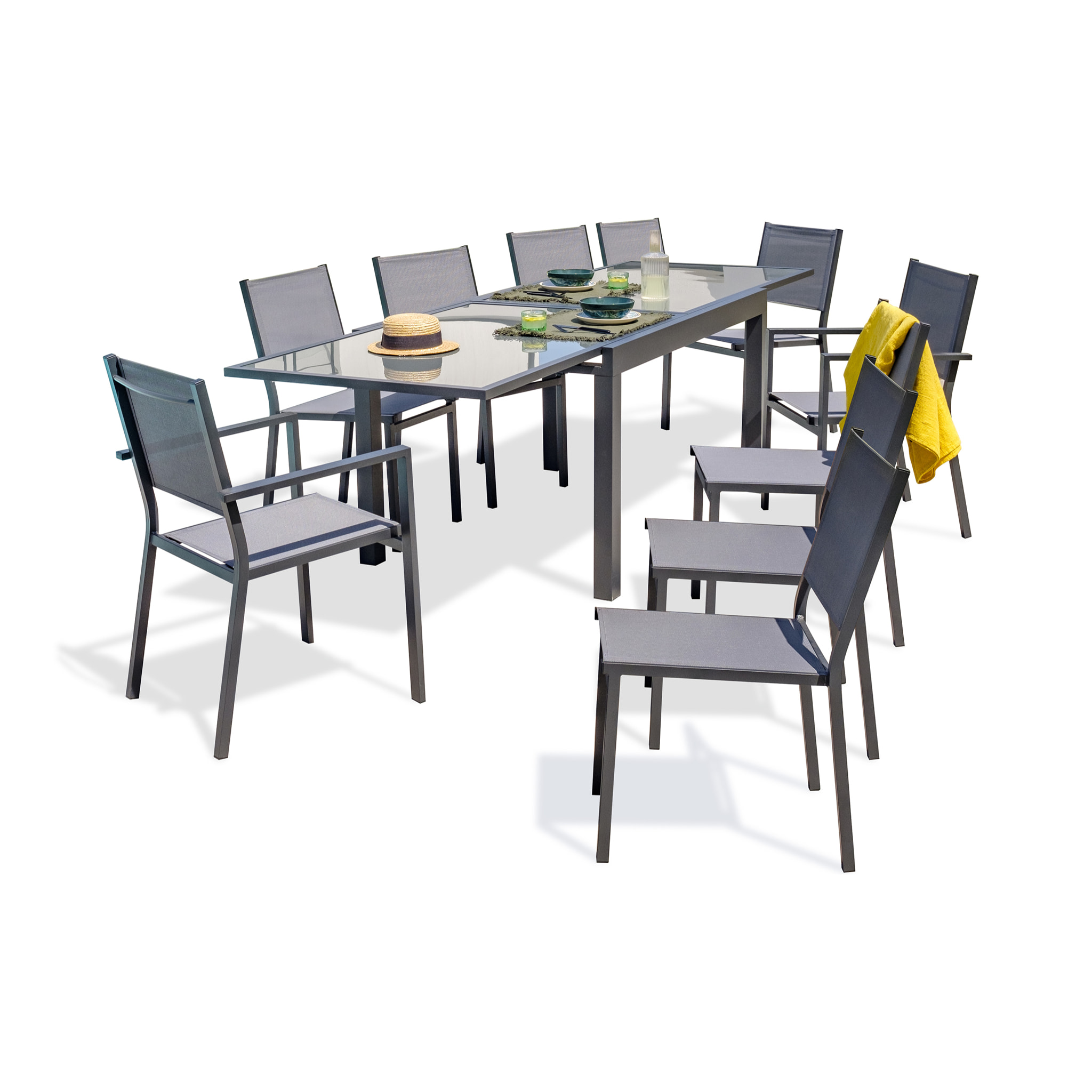 TOLEDE - Ensemble repas 10 places en aluminium anthracite et plateau verre