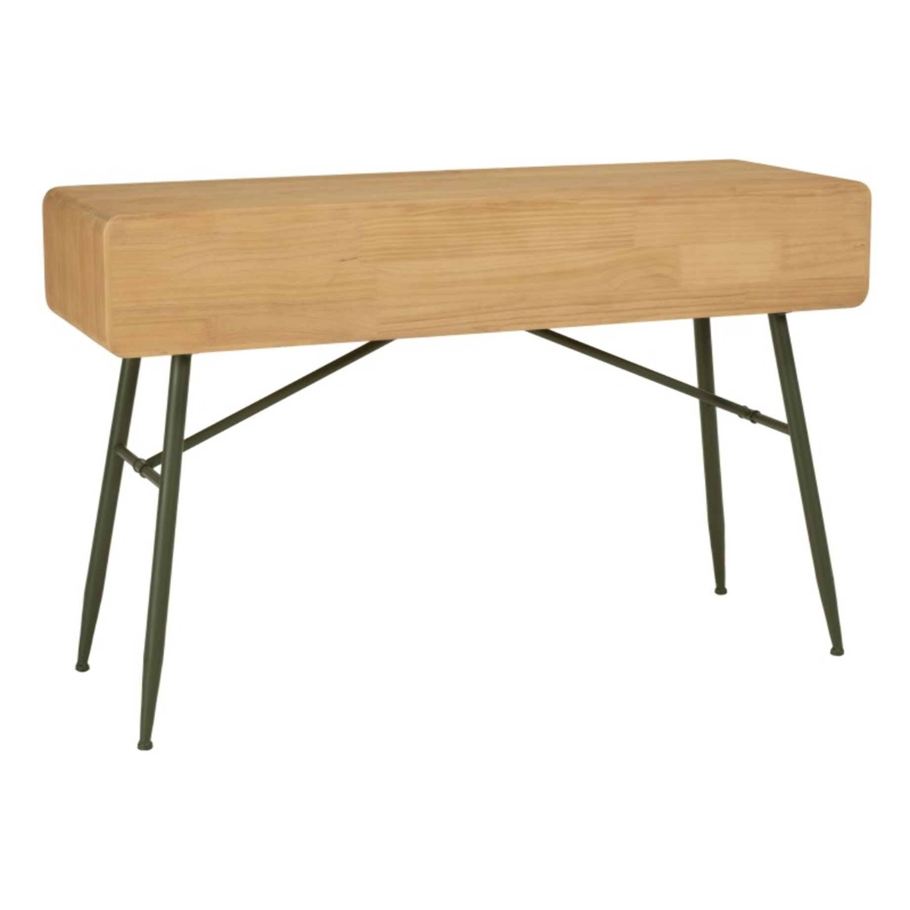 HELENA - Console 2 tiroirs en pin couleur naturelle et pieds métal vert