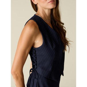 Oltre - Gilet corto gessato con nastri - Blu