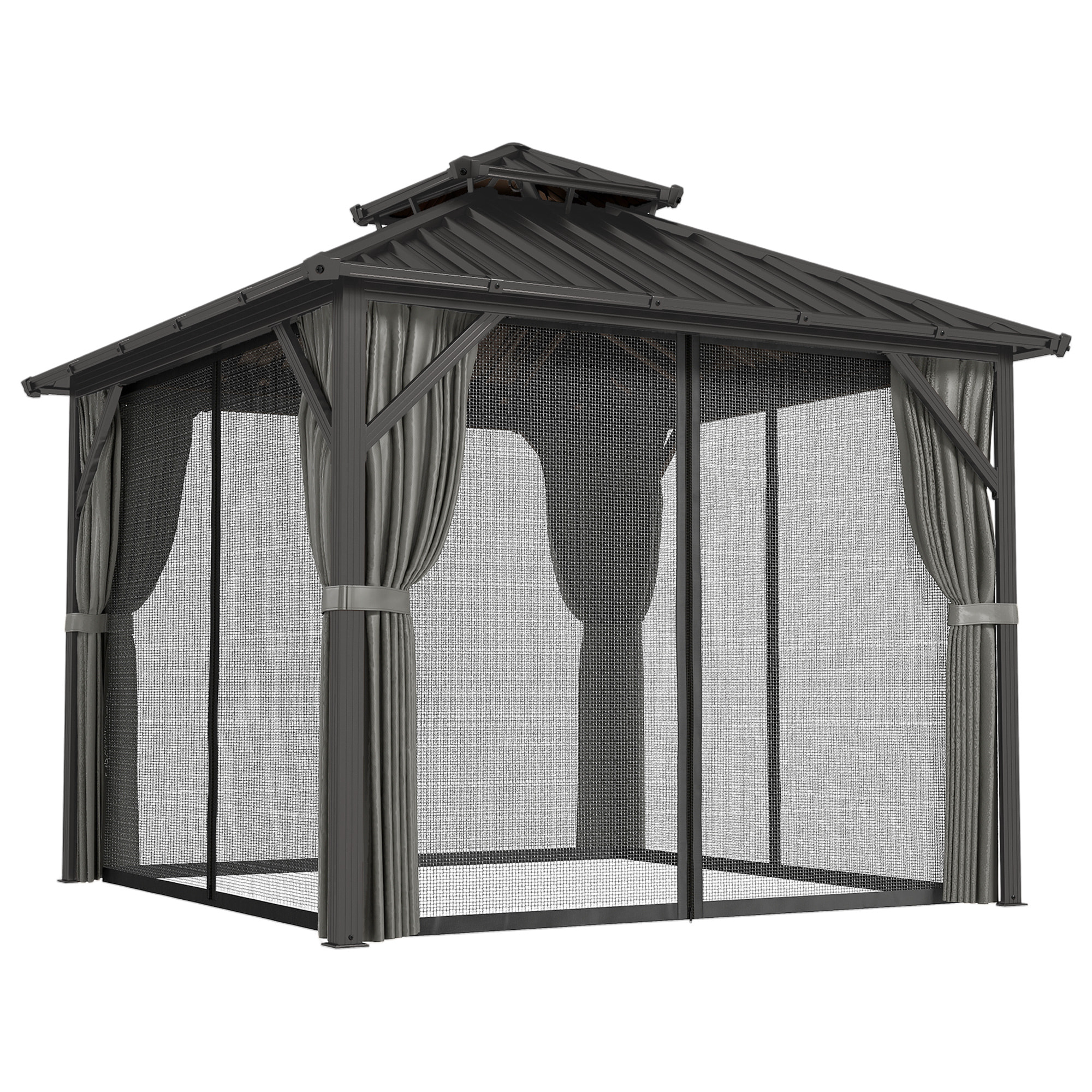 Pavillon de jardin  toit rigide - rideaux et moustiquaire - alu et acier - 3x3m - gris foncé