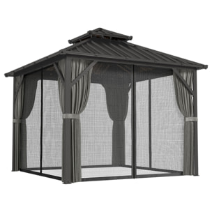 Pavillon de jardin  toit rigide - rideaux et moustiquaire - alu et acier - 3x3m - gris foncé