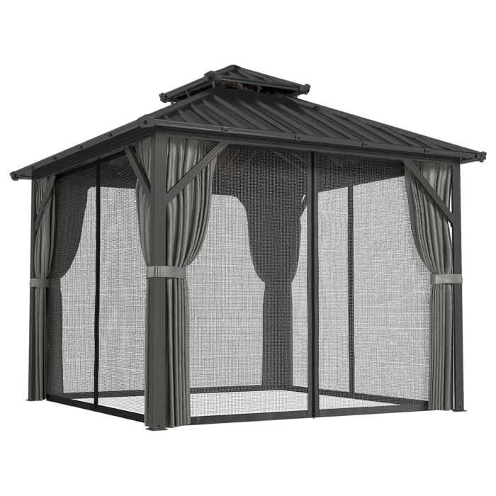Pavillon de jardin  toit rigide - rideaux et moustiquaire - alu et acier - 3x3m - gris foncé