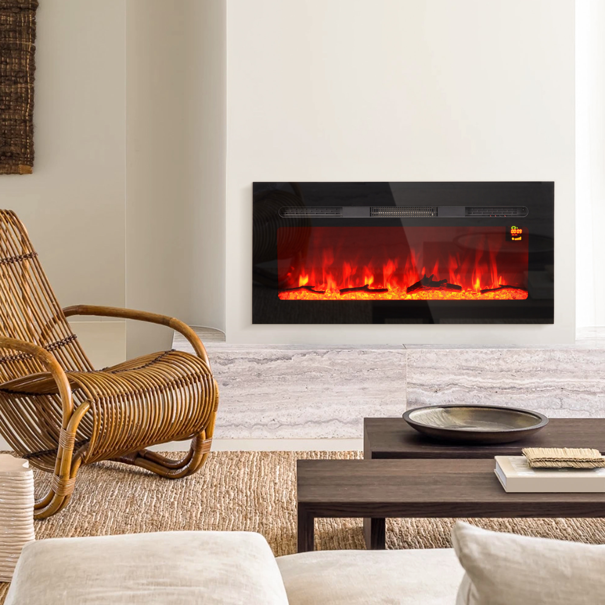 Cheminée électrique 1800W effets flammes LED 3D réglables - timer, thermostat, télécommande - noir