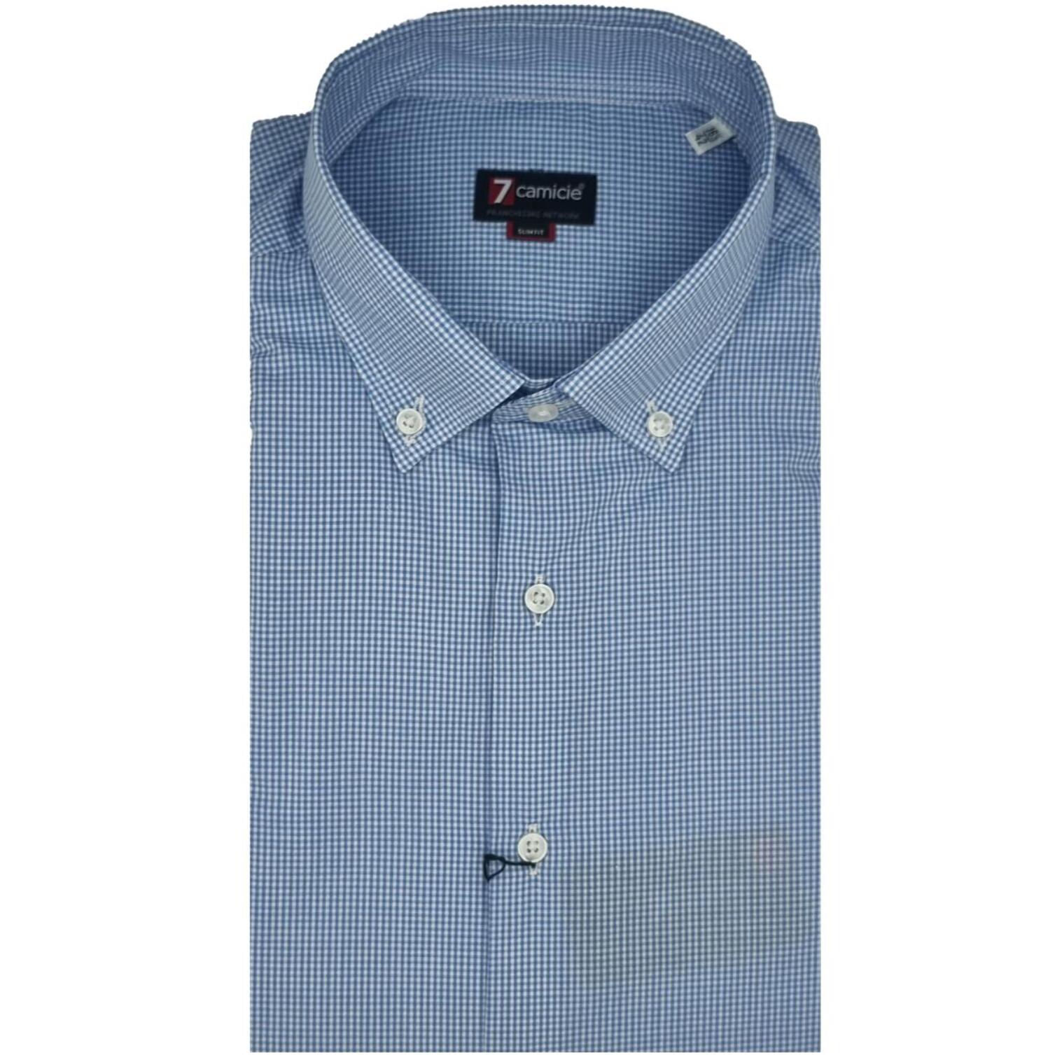 Camicia Uomo 1 Bottone Button Down Slim Popeline Quadro Piccolo Celeste/Bianco