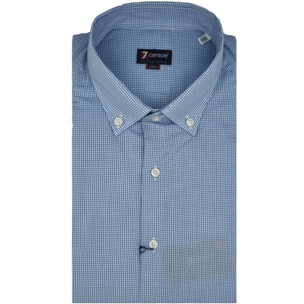 Camicia Uomo 1 Bottone Button Down Slim Popeline Quadro Piccolo Celeste/Bianco