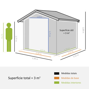 Cobertizo de Jardín Exterior 3 m² 152x235,7x208,7 cm Caseta de Jardín Metálica con 2 Puertas Corredizas y 4 Ventanas para Almacenamiento de Herramientas Natural y Café