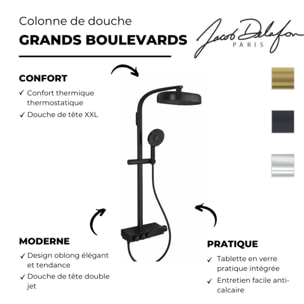 Colonne de douche thermostatique Grands Boulevards avec tablette en verre noir mat
