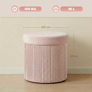 Puff Almacenaje, Banco Almacenaje Plegable, 35 L, 38x38x38 cm, Tapizado en Terciopelo, Baúl de Almacenamiento Redondo, Carga 120 kg, Taburete para Sala de Estar, Dormitorio, Entrada, Rosa