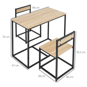 HOMCOM Ensemble table 2 chaises style industriel - set de 1 table + 2 chaises encastrables - métal noir aspect chêne clair