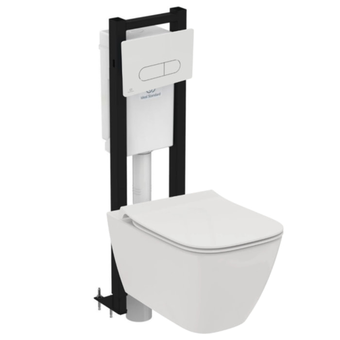 Pack WC suspendu sans bride I.Life B RimLS+ + Abattant frein de chute + Bâti-support autoportant + Plaque blanche