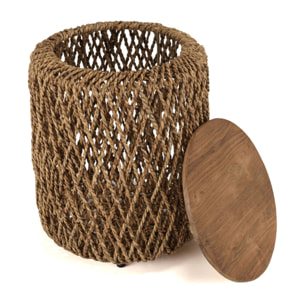 SIXTINE - Table d'appoint ronde diam40 rotin plateau bois teck recyclé