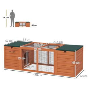 PawHut Conejera de Madera Jaula para Conejo con 2 Nidos 1 Puerta Superior Zona Abierta y Techo Asfáltico para Exterior 140x52x46 cm Natural