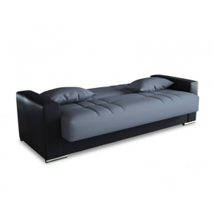 Divano letto 3 posti Arix, Divano contenitore in ecopelle e tessuto, Sofà con apertura click-clack e 2 cuscini, 230x96h101 cm, Nero e Grigio