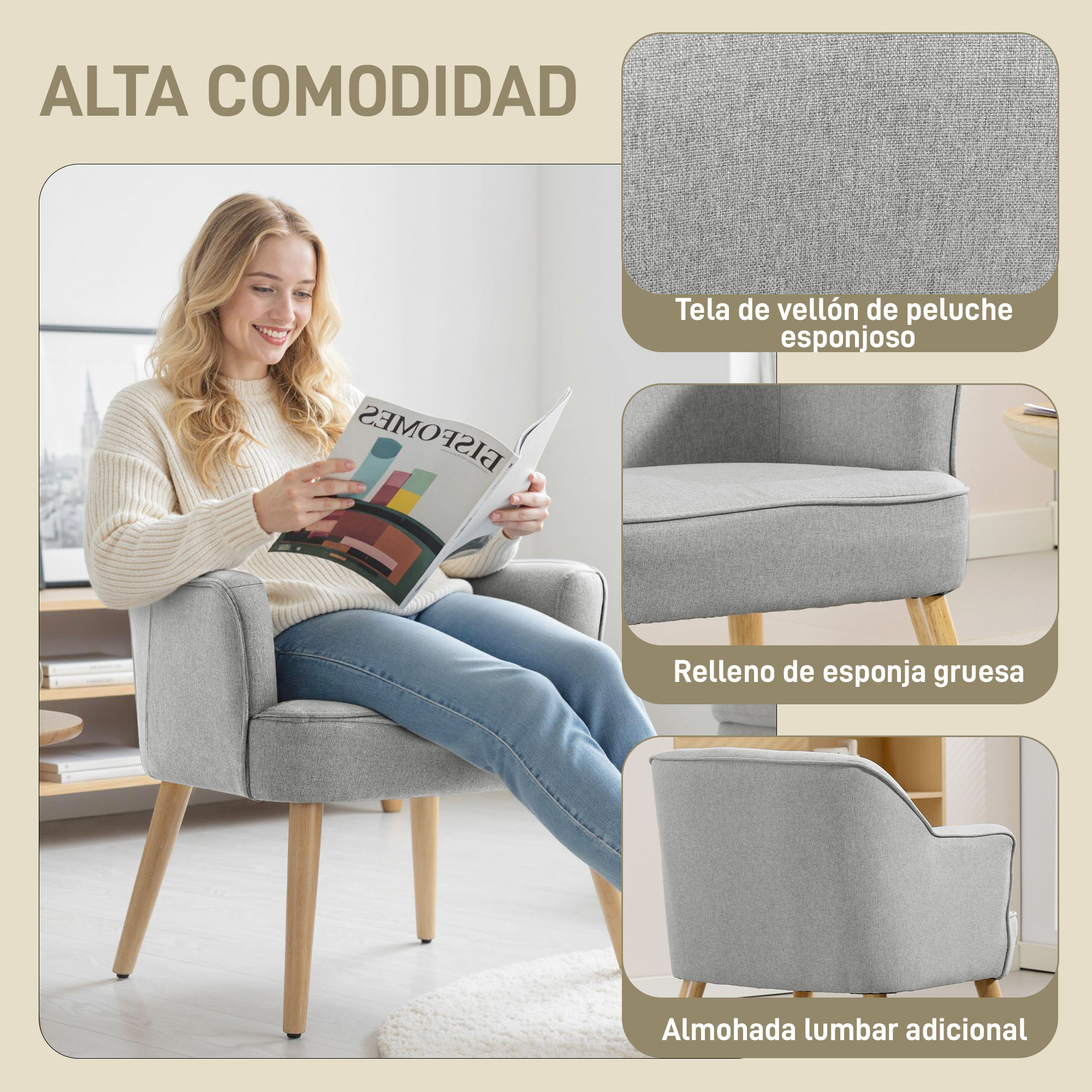 Butaca de Salón Moderna, Sillón Lectura Tapizado en Lino con Patas de Madera, Reposabrazos Acolchado Grueso y Almohadillas Ajustables para Dormitorio, Oficina, Estudio, Carga 120 kg, Gris Claro