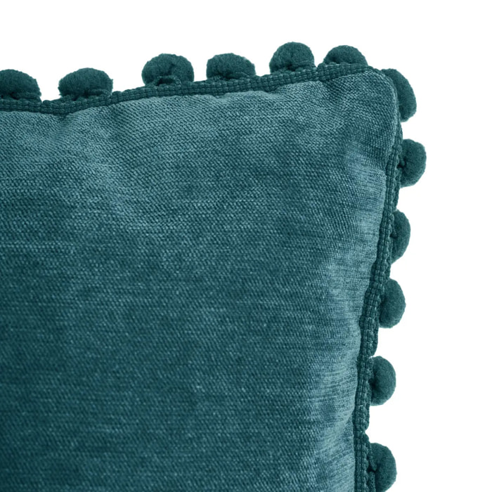 Coussin pompons - bleu canard - 40x40 cm