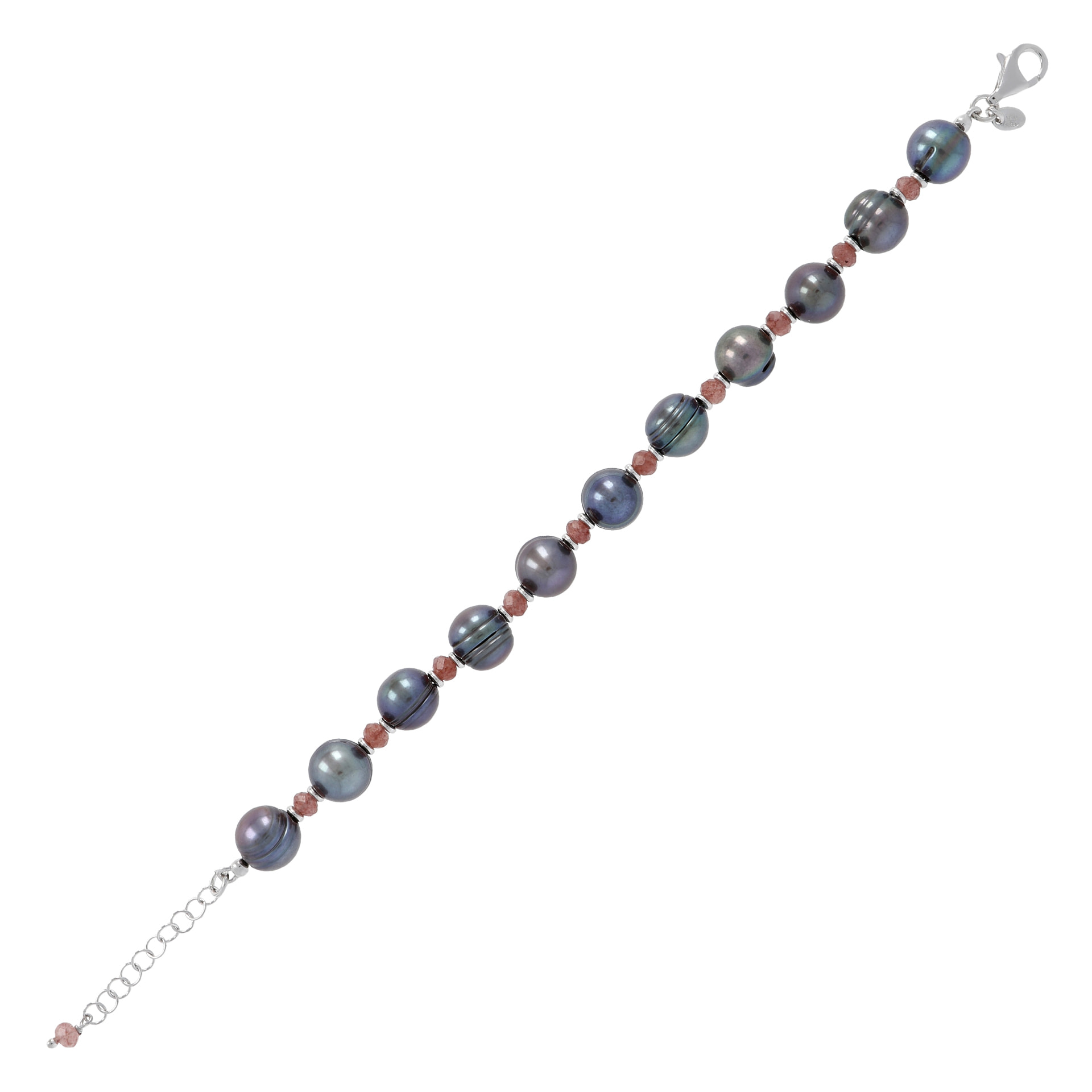 PERLAVIVA - Bracciale in Argento 925 placcato Rodio con Quarzo Rosso e Perle d'Acqua Dolce Grigie Ø 10/11 mm