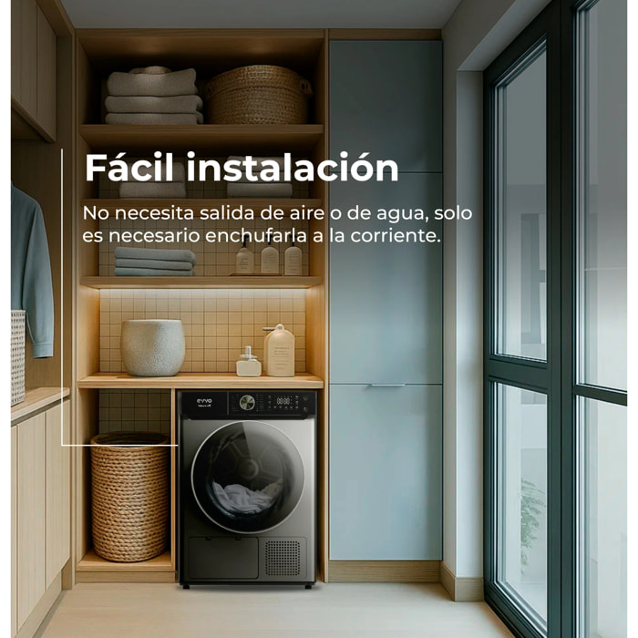 EVVO Secadora 10 kg bomba de calor Nature SR10, Clase energética E, AirWash, Sensor de humedad, Antiarrugas, Inicio diferido, inox