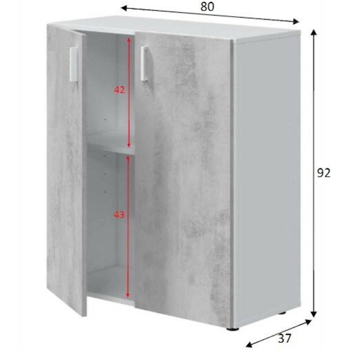 Armadio multiuso Hialeah, Mobile ausiliario basso, Scarpiera a 2 ante battenti e 1 ripiano, Mobile portascarpe, cm 80x37h92, Cemento e Bianco