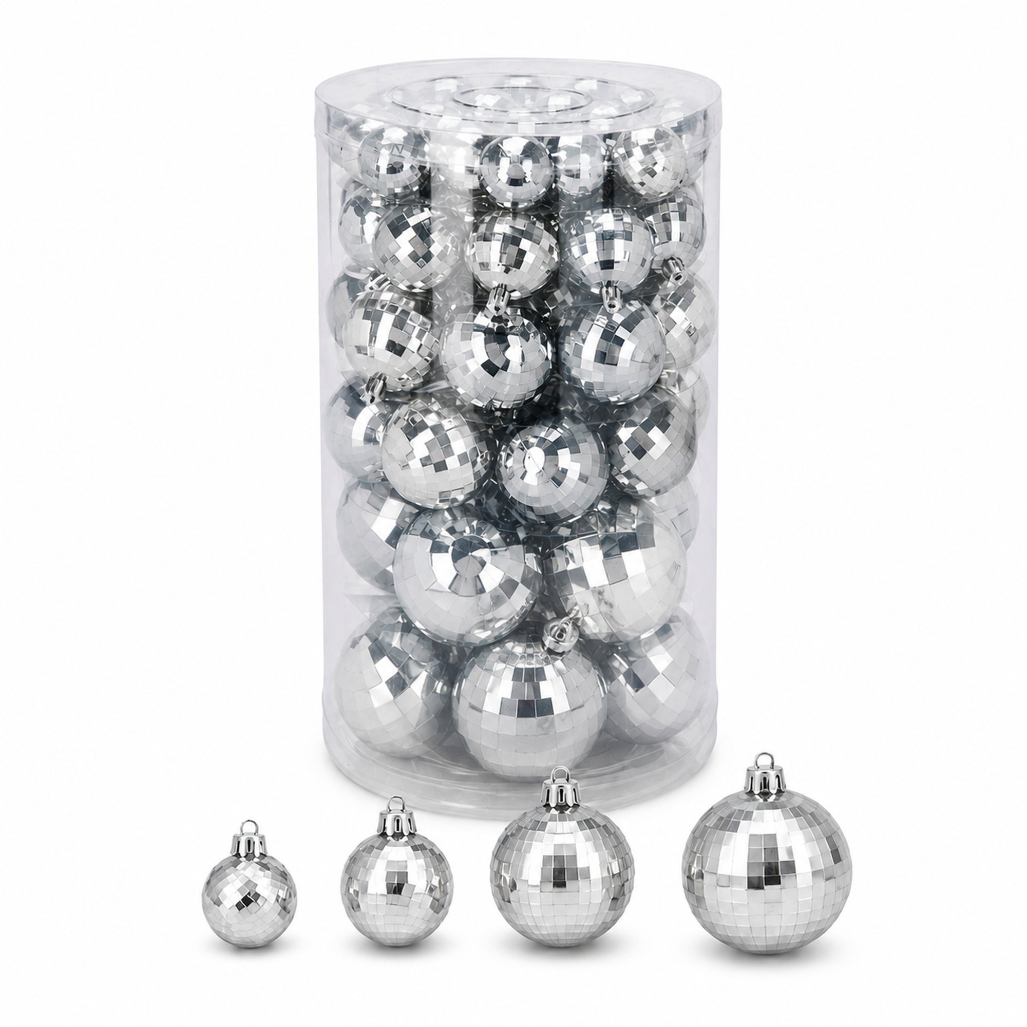 Set de 64 bolas de navidad plateadas en 4 tamaños (22x ø4, 14x ø5, 18x ø6 y 10x ø8 cm) en acabado brillante