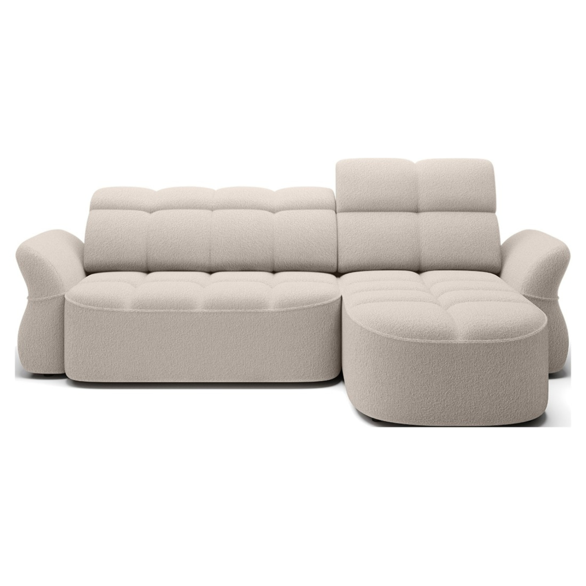 Brume - Canapé d'angle droit 4 places convertible électrique avec coffre et têtières réglables en tissu bouclette - Beige