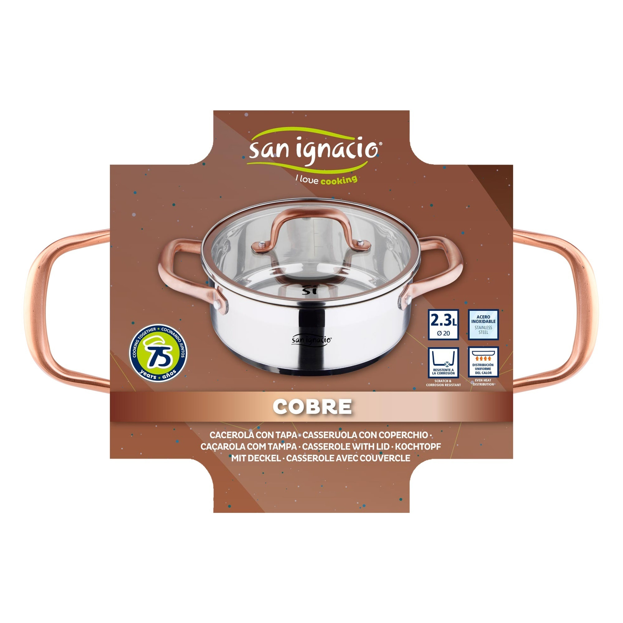 Cacerola de acero inox ind con tapa, plateado y cobre