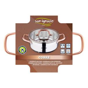 Cacerola de acero inox ind con tapa, plateado y cobre