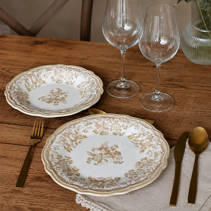 Lot de 6 assiettes plates fleuries en grès miel 26cm FAUSTINE