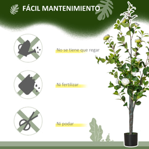 HOMCOM Árbol de Camelia Artificial 150 cm con Maceta de Cemento 285 Hojas Realistas y 25 Flores de Tela Planta Sintética Decoración para Hogar Oficina y Exterior Verde