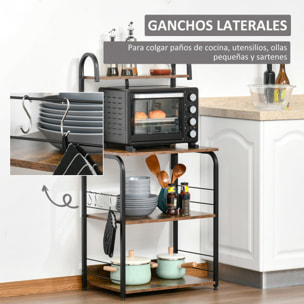Estantería de Cocina de 4 Niveles Estante de Cocina con Ganchos Estantería para Microondas 60x40x125 cm Marrón Rústico y Negro