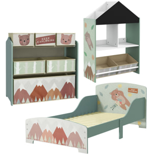 Conjunto para Niños Incluye 1 Cama Infantil 1 Estantería para Juguetes con Pizarra Pintable y 1 Organizador de Juguetes con 6 Cajas de Tela Extraíbles Verde