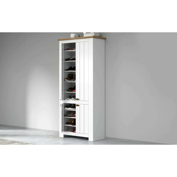 Scarpiera Shirley, Porta scarpe salvaspazio a 4 ante, Armadio multifunzione da ingresso, 84x42h200 cm, Bianco e Rovere
