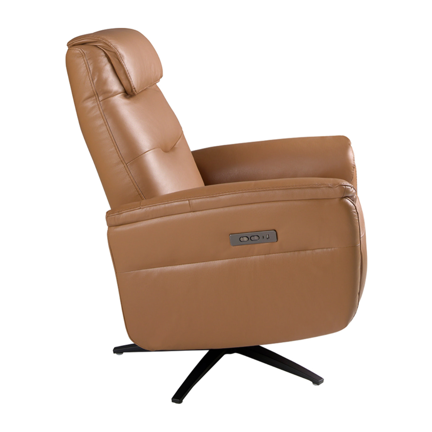 Sillón Angel Cerdá relax giratorio con reposabrazos asiento y respaldo tapizados en piel de origen vacuno en marrón patas de acero inoxidable en negro mate 78x96x105cm