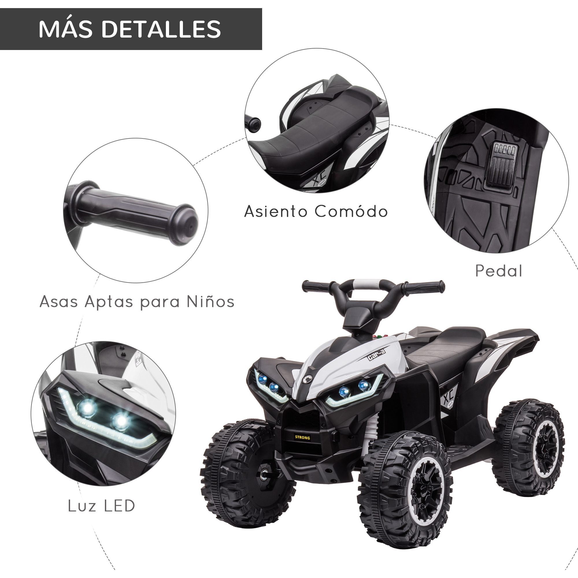 Quad Eléctrico para Niños de 3-5 Años Vehículo Eléctrico a Batería 12V con 2 Motores Faros Bocina Música Velocidad Ajustable Avance y Retroceso 83x53x55,5 cm Blanco