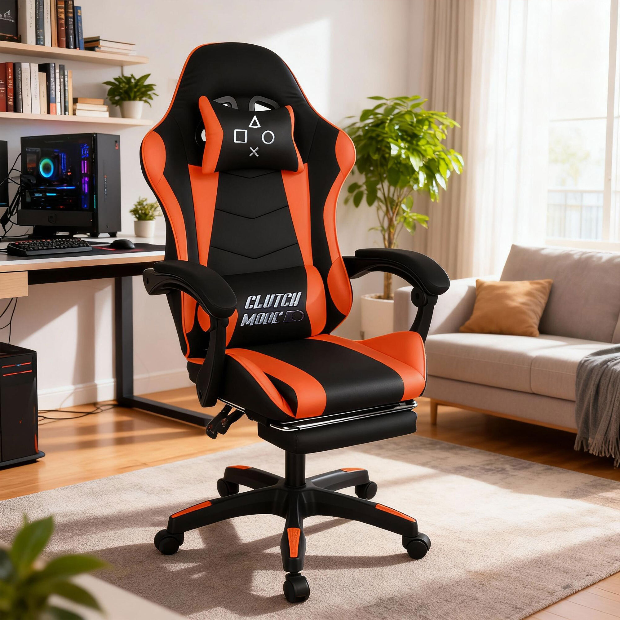 Clutch - Sedia da Gaming Ergonomica con Cuscino Lombare Poggiatesta e Poggiapiedi in PVC Nera e Rossa